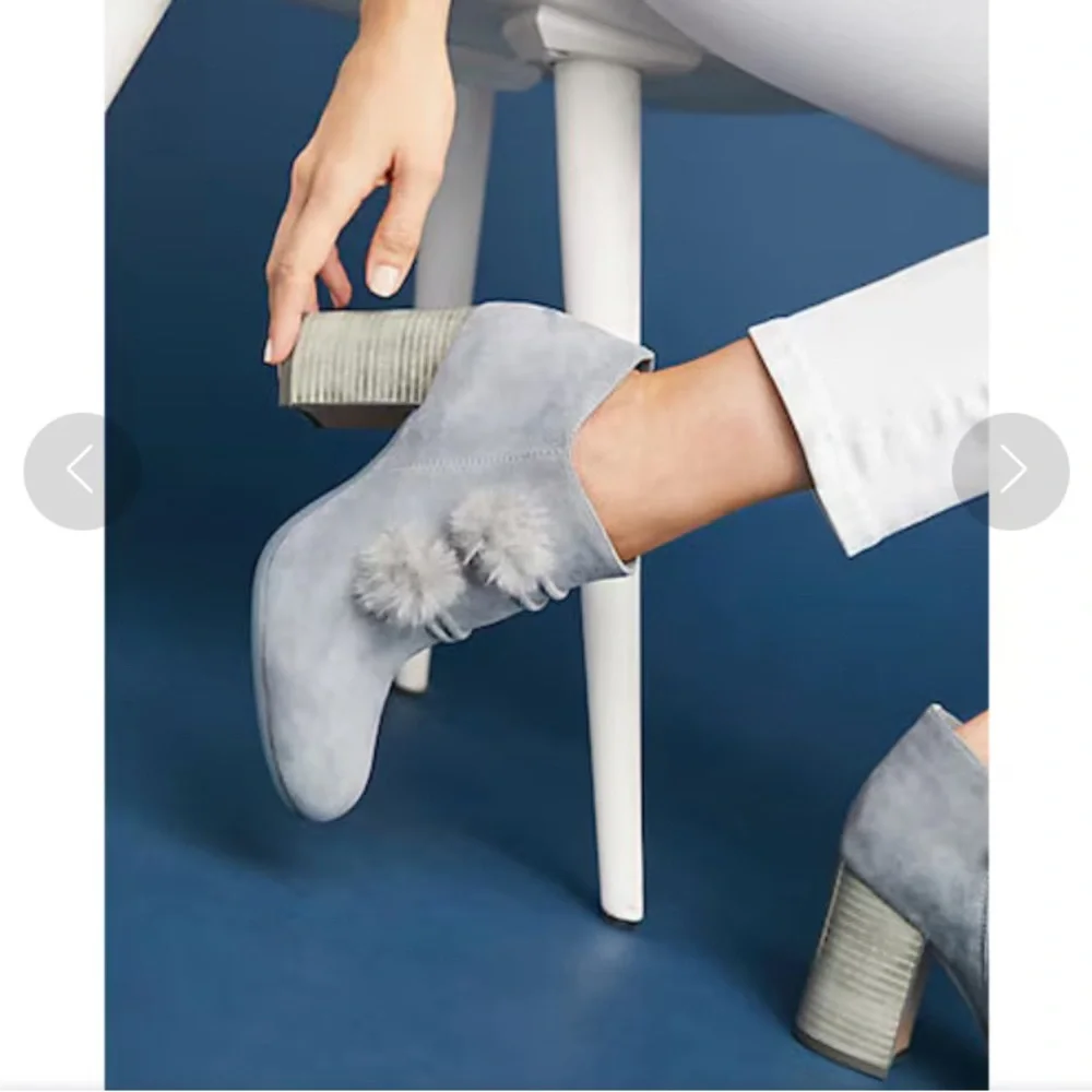 Gray Suede Pom-Pom Block Heel Booties - Women